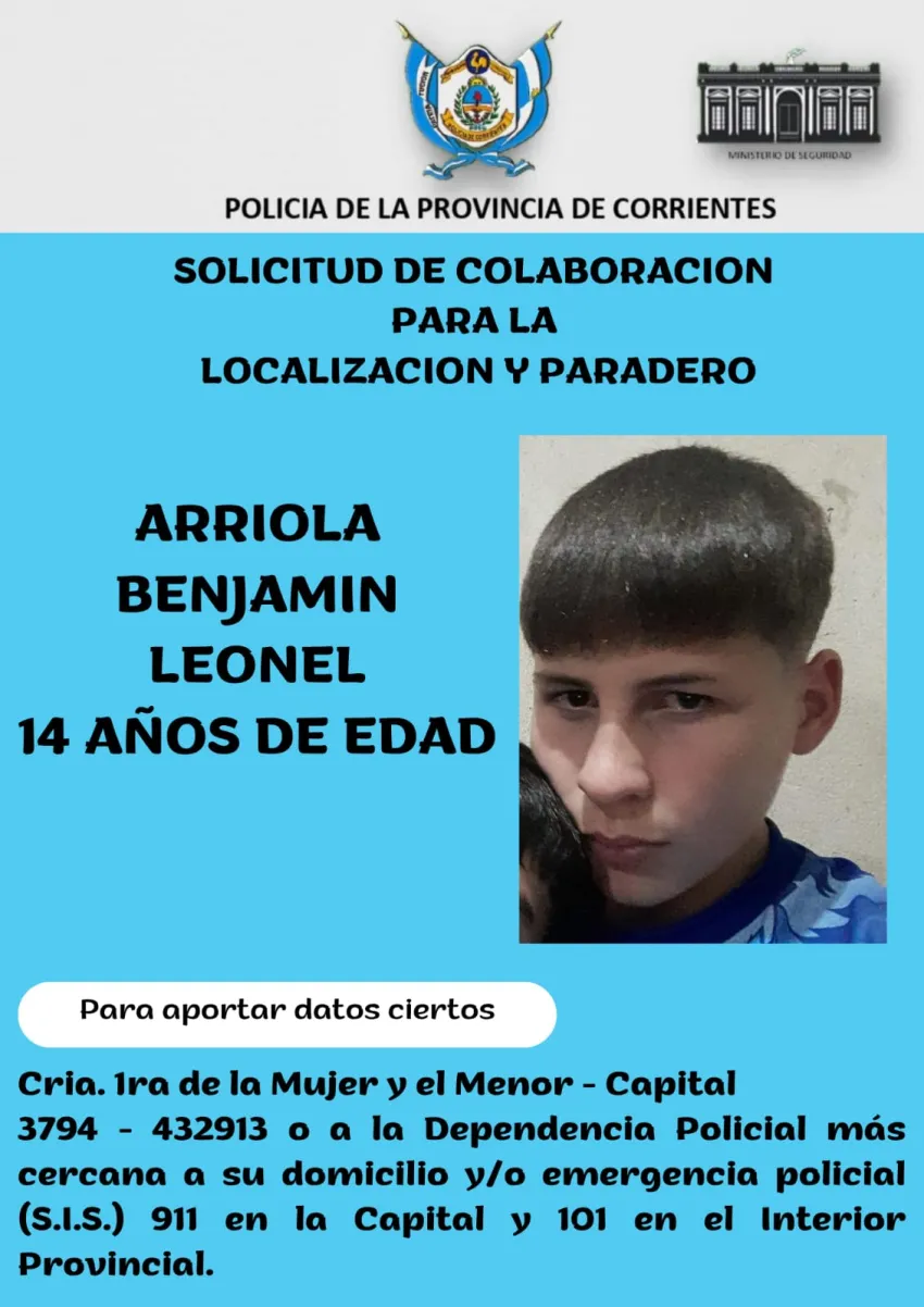 Buscan a un adolescente de 14 años desaparecido en Corrientes